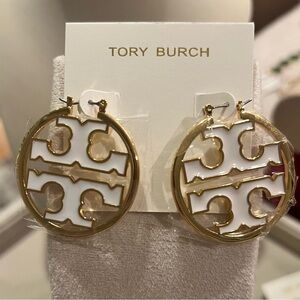 Tory Burch Gold and White Hoop Earrings